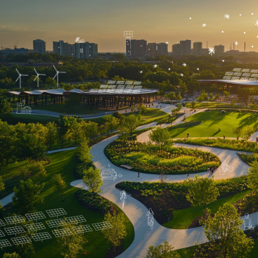 Urban park at sunset with winding paths and trees, overlaid with icons of wind turbines and solar panels to represent renewable energy and sustainable infrastructure.