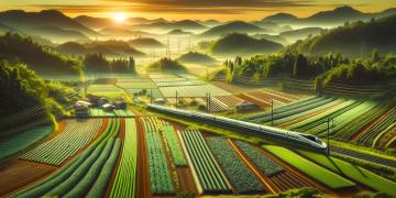 green crops fields and clean transportation through train